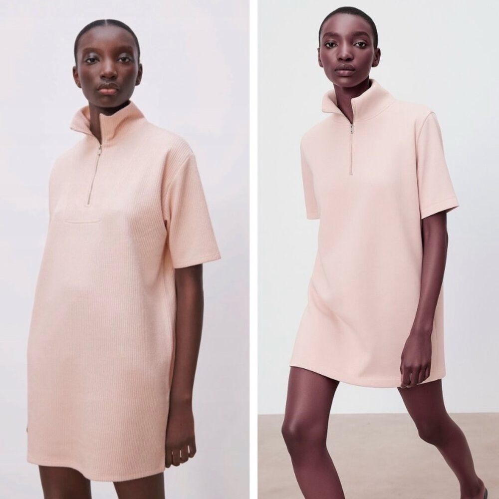 Zara Pale Pink Ribbed Mini Dress with Quarter Zip Collar Size Small